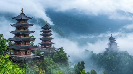 A hilltop temple surrounded by mist and clouds, creating an ethereal and tranquil mood.の素材