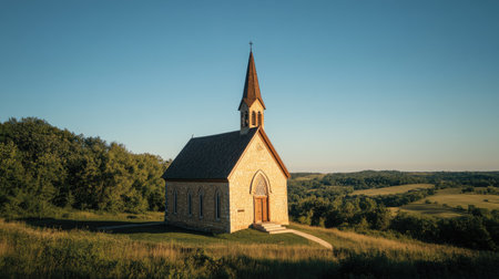A historic stone church with a tall steeple, surrounded by rolling green hills under a clear blue sky.の素材