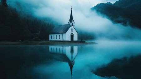 A lakeside church reflecting perfectly in still, glassy water, surrounded by mist.の素材