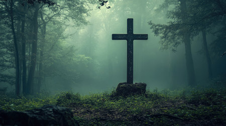 A lone cross surrounded by dense fog in an eerie and tranquil forest setting.の素材