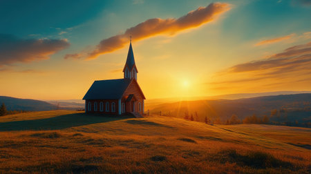 A quaint wooden church on a hilltop, overlooking a peaceful valley at sunrise.の素材