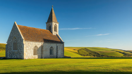 A historic stone church with a tall steeple, surrounded by rolling green hills under a clear blue sky.の素材
