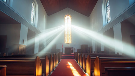 A view from inside a church looking out at the entrance, with sunlight streaming through open doors.の素材