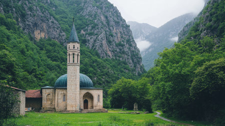 A mosque set in a mountainous region, blending beautifully with its natural surroundings.の素材