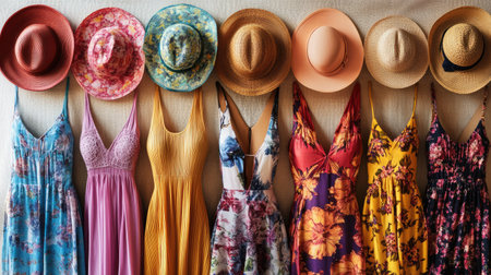 A summer fashion collection of floral print dresses, beach hats, and sandals arranged neatly on a soft fabric background.の素材