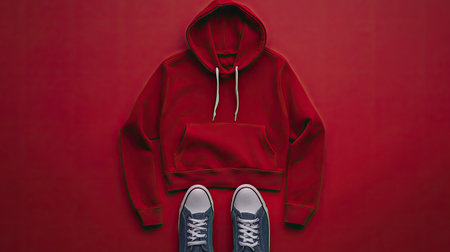 A top-down view of a contemporary casual outfit with a hoodie, jeans, and sneakers arranged perfectly for a relaxed look.の素材