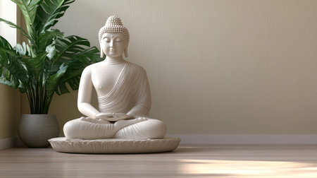 Minimalist white Buddha statue on a clean, modern background, highlighting purity and simplicity.の素材
