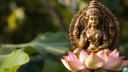 A small deity idol placed on a lotus flower, symbolizing purity, spirituality, and divine power.の素材
