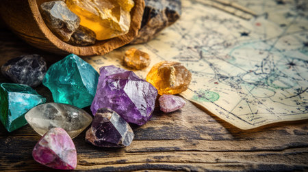 A set of gemstones representing the zodiac signs, placed on a wooden table with star charts in the background.の素材