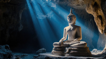 Stone Buddha statue in a mountain cave, softly lit by natural light filtering through an opening.の素材