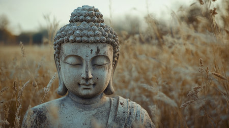 Weathered stone Buddha statue in a field of tall grass, with a soft and dreamy atmosphere.の素材