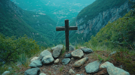 A small rustic cross placed among a cluster of stones on a mountainside trail.の素材