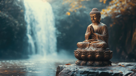 Buddha statue with a waterfall in the background, creating a tranquil and harmonious scene.の素材