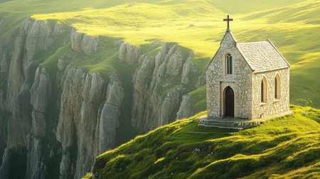 A stone chapel on a mountain peak, standing tall against a backdrop of majestic cliffs.の素材