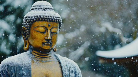 Buddha statue in a snowy landscape, creating a unique and serene contrast.の素材