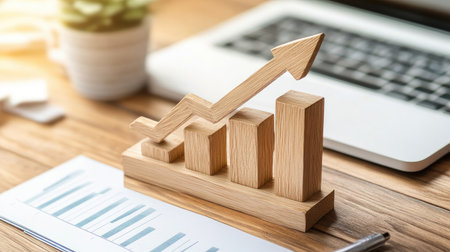 A conceptual image of a rising arrow and bar graph, representing the market's continued growth.の素材