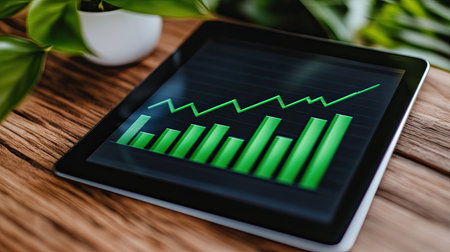 A close-up of a rising stock chart on a tablet screen, showing significant investment growth.の素材