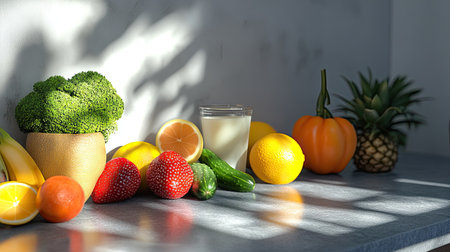 A fresh juice with fruits and vegetables on a countertop, promoting the idea of health growth and wellness.の素材