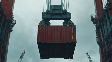 A close-up of a crane gripping a shipping container, ready to load it.の素材