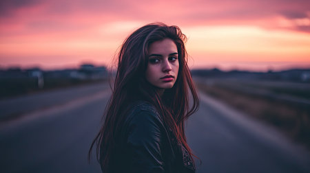 A long empty highway stretching into the horizon under a vibrant sunset sky, surrounded by open plains.の素材