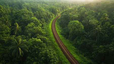 A sleek railway track cutting through dense green forests, bathed in morning sunlight.の素材