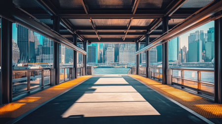 A quiet ferry terminal with docked boats and a clear sky.の素材