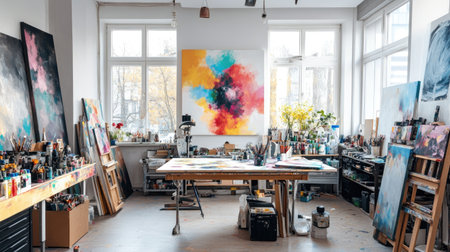 Bright creative studio with colorful abstract artwork, paint supplies, and a sunny atmosphere.の素材