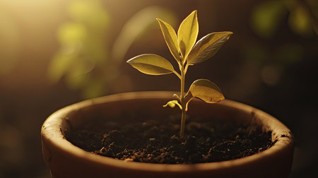 A young plant in a pot, growing steadily in rich soil with sunlight filtering through the leaves.の素材
