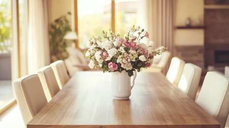 Elegant dining room with a wooden table, cream-colored chairs, and a vase of flowers as the focal point.の素材