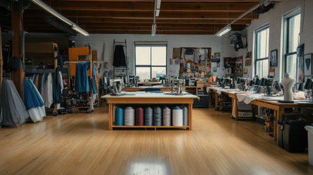 Fashion design studio with sewing machines, fabric rolls, and mannequins neatly arranged on wooden floors.の素材