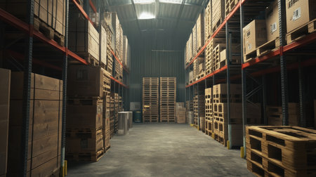 Industrial racks filled with large wooden pallets in a spacious warehouse.の素材