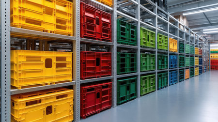 High shelves filled with colorful crates in a clean warehouse.の素材