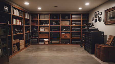 Large, open storage space with concrete floors and tall vertical shelving units.の素材
