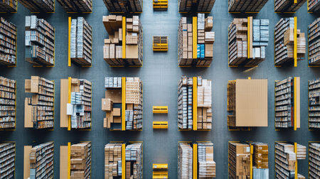 Overhead view of a warehouse storage layout with orderly shelves and walkways.の素材
