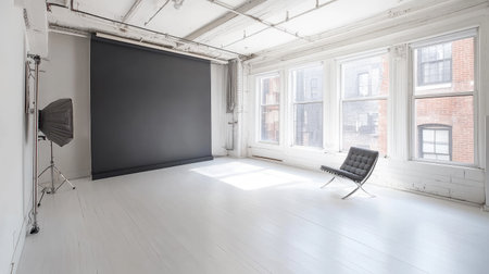 Minimalist studio with a clean white interior, a gray accent wall, and a comfortable chair for portrait photography.の素材