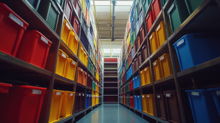 High shelves filled with colorful crates in a clean warehouse.の素材