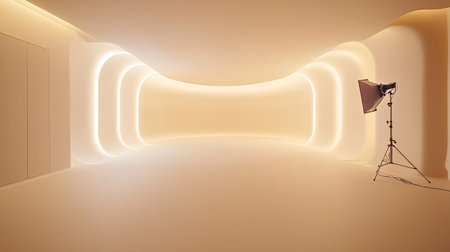 Minimal photography studio with a cyclorama wall, neutral lighting, and an uncluttered setup.の素材