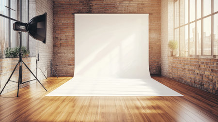 Open photography studio with a natural wooden floor, white backdrop, and professional softbox lights.の素材