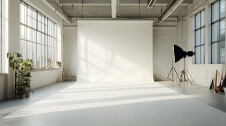 Minimalist photography studio with adjustable lighting equipment and a white seamless paper roll.の素材
