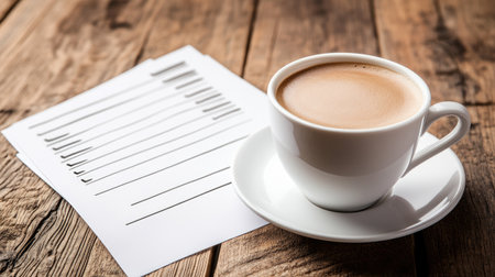 A cup of coffee beside an empty to-do list, inviting focus on new goal-setting priorities.の素材
