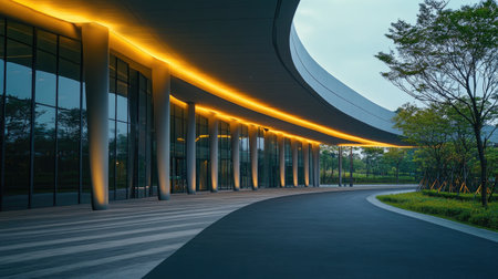 An empty urban street with smooth asphalt and modern architecture lining the sides, bathed in evening light.の素材
