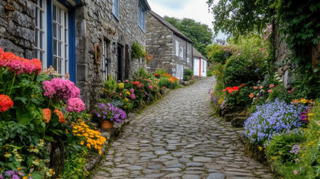 A cobblestone road in a quaint village surrounded by historic stone buildings and colorful flowers.の素材