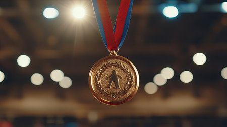 A gold medal shining brightly on a podium, representing victory and the fulfillment of a goal.の素材