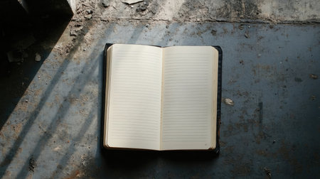 A minimalist desk with a journal open to a blank page, inviting goal-setting and new opportunities.の素材