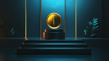 A gold medal shining brightly on a podium, representing victory and the fulfillment of a goal.の素材