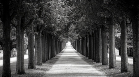 A path lined with tall trees, leading into the distance and symbolizing the journey toward a goal.の素材