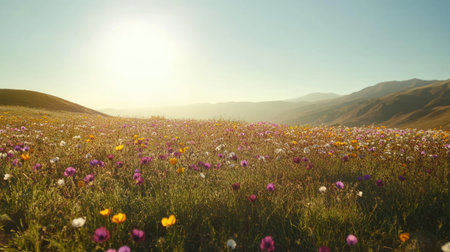 A vibrant field of colorful pansies under the warm afternoon sun, with a distant mountain view.の素材