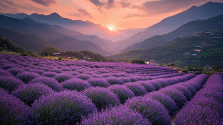 A scenic view of blooming lavender with distant mountains and a soft pink sunset.の素材