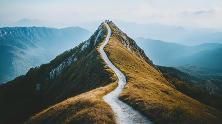 A winding mountain road leading to the peak, representing the journey toward a challenging goal.の素材