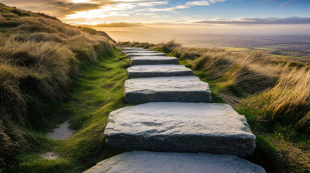 A stone path leading to a distant horizon, symbolizing persistence in pursuing a long-term goal.の素材